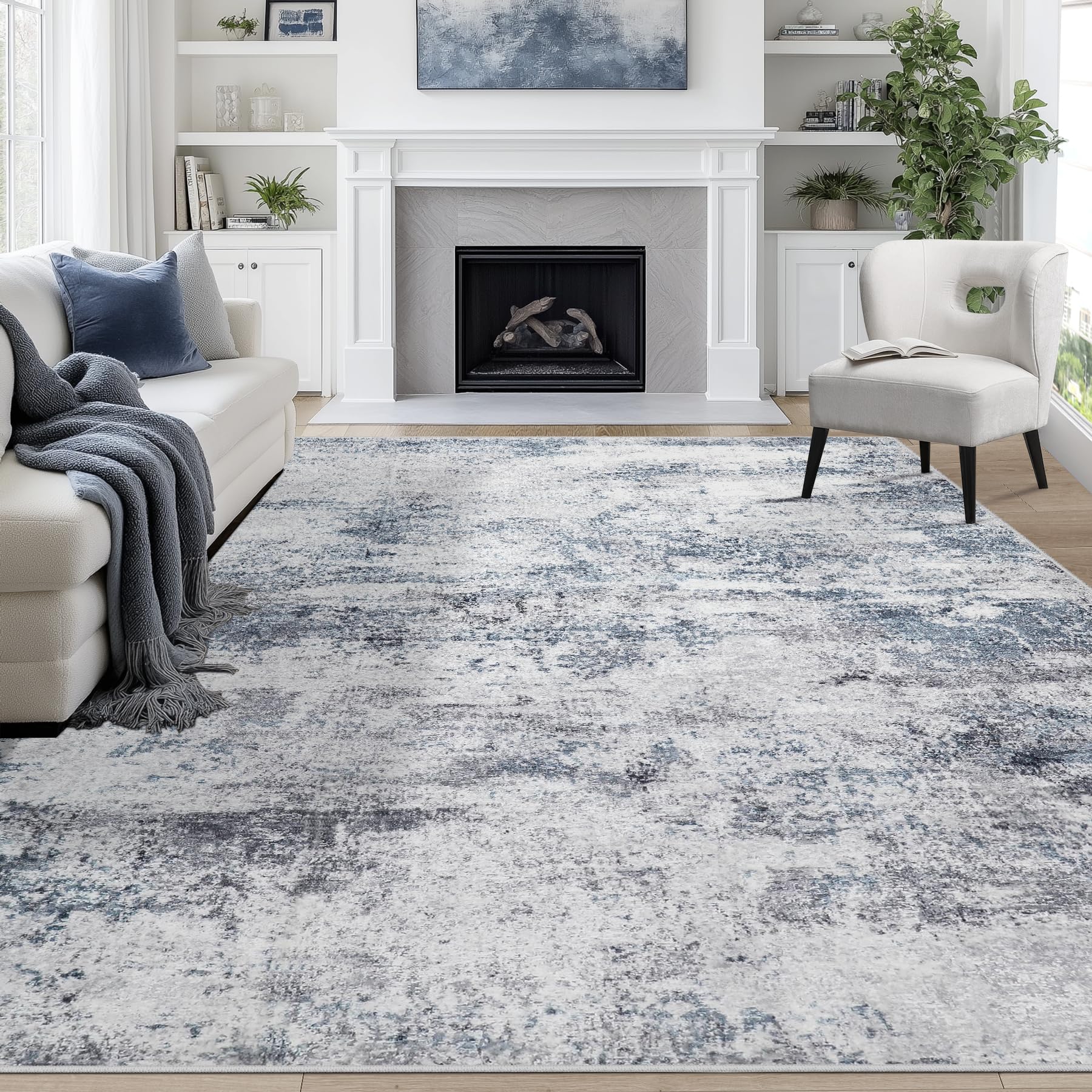 9x12 Area Rug for Living Room — Washable Abstract Modern Indoor Rug, Non‑Slip & OEKO‑TEX Certified (Blue Grey)